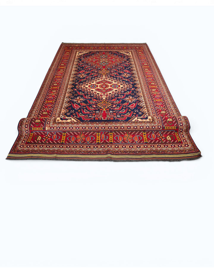 Navy &amp; Red Akstafa Rug, Hand-Knotted Afghani Sherwan