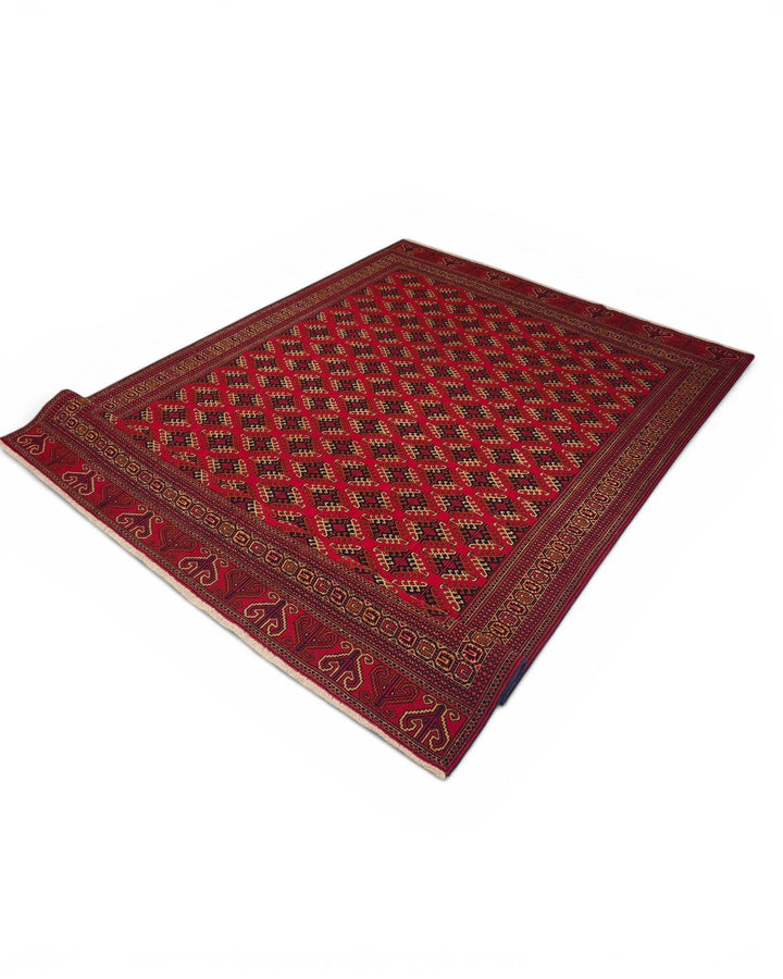 Red Saryk Turkmen Rug, Hand-Knotted Afghani Sherwan
