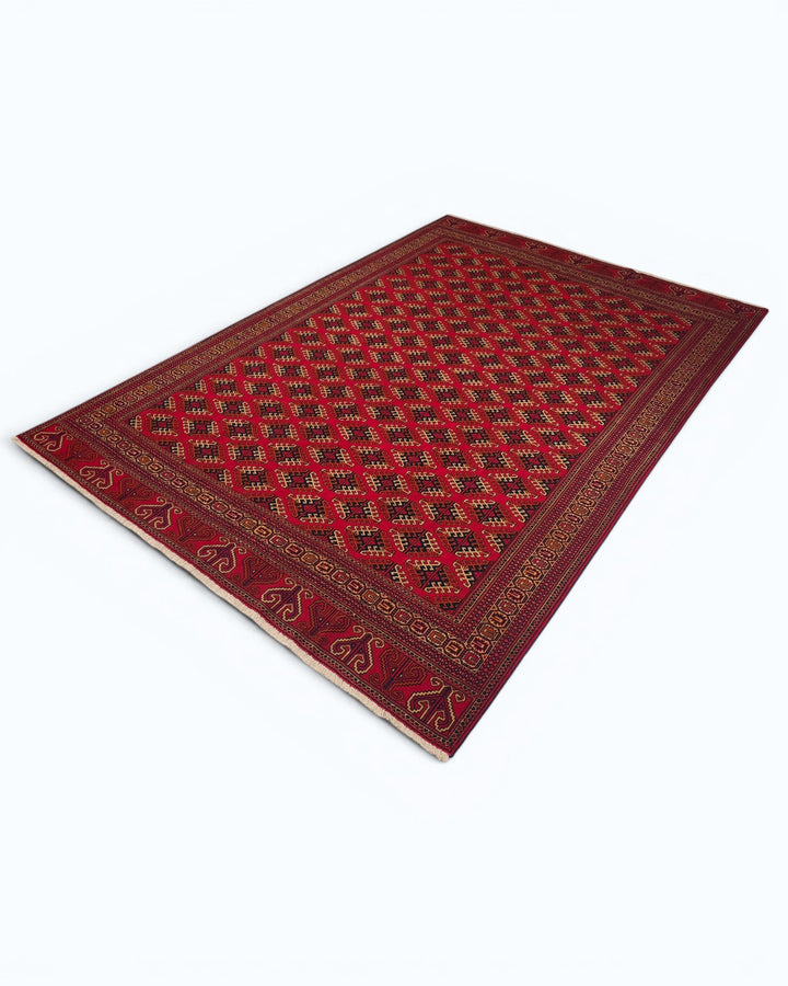 Red Saryk Turkmen Rug, Hand-Knotted Afghani Sherwan