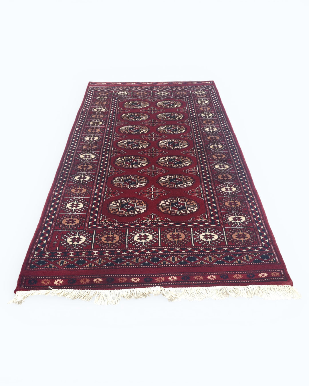 Wine Red Turkmen Gül Bokhara Small Rug, Hand-Knotted Pakistani Wool