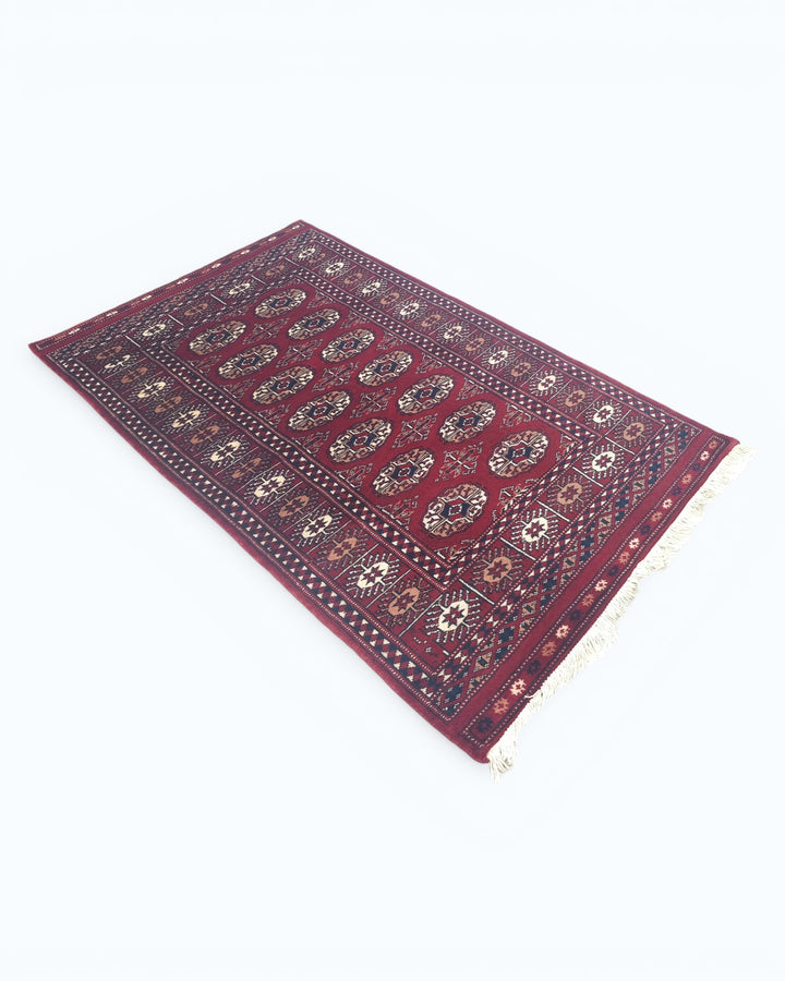 Wine Red Turkmen Gül Bokhara Small Rug, Hand-Knotted Pakistani Wool
