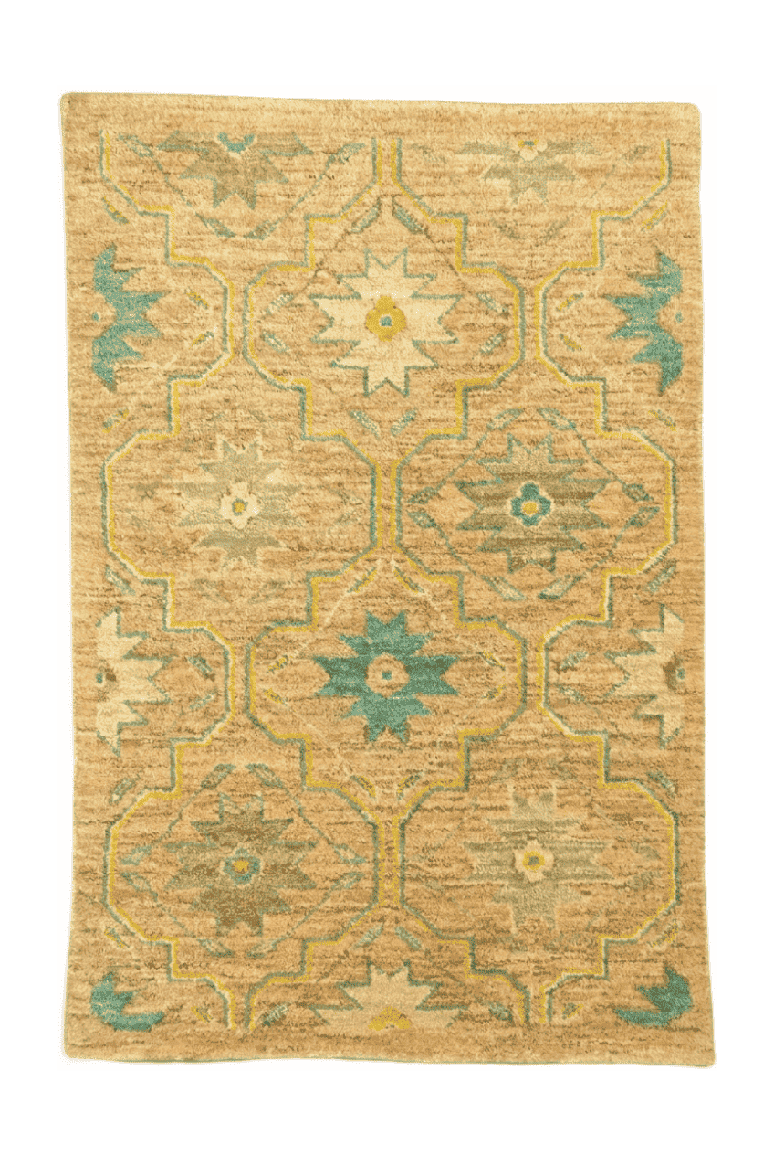 ゴールドのギャッベ（花柄） 63×90cm・玄関マットの手織りウールラグ