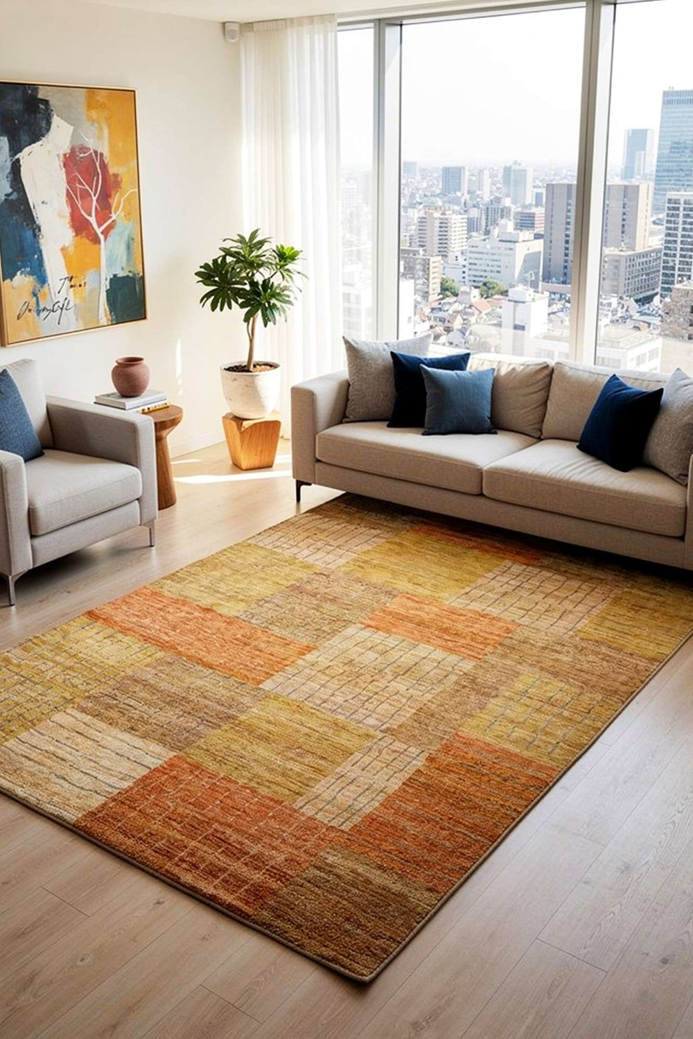 ゴールドのギャッベ（パッチワーク）のパイルと織りの質感