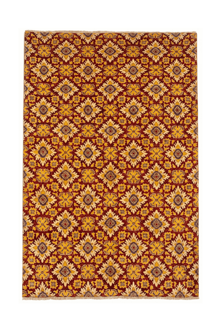 レッドのギャッベ（幾何学柄） 123×188cm・約1.5畳の手織りウールラグ