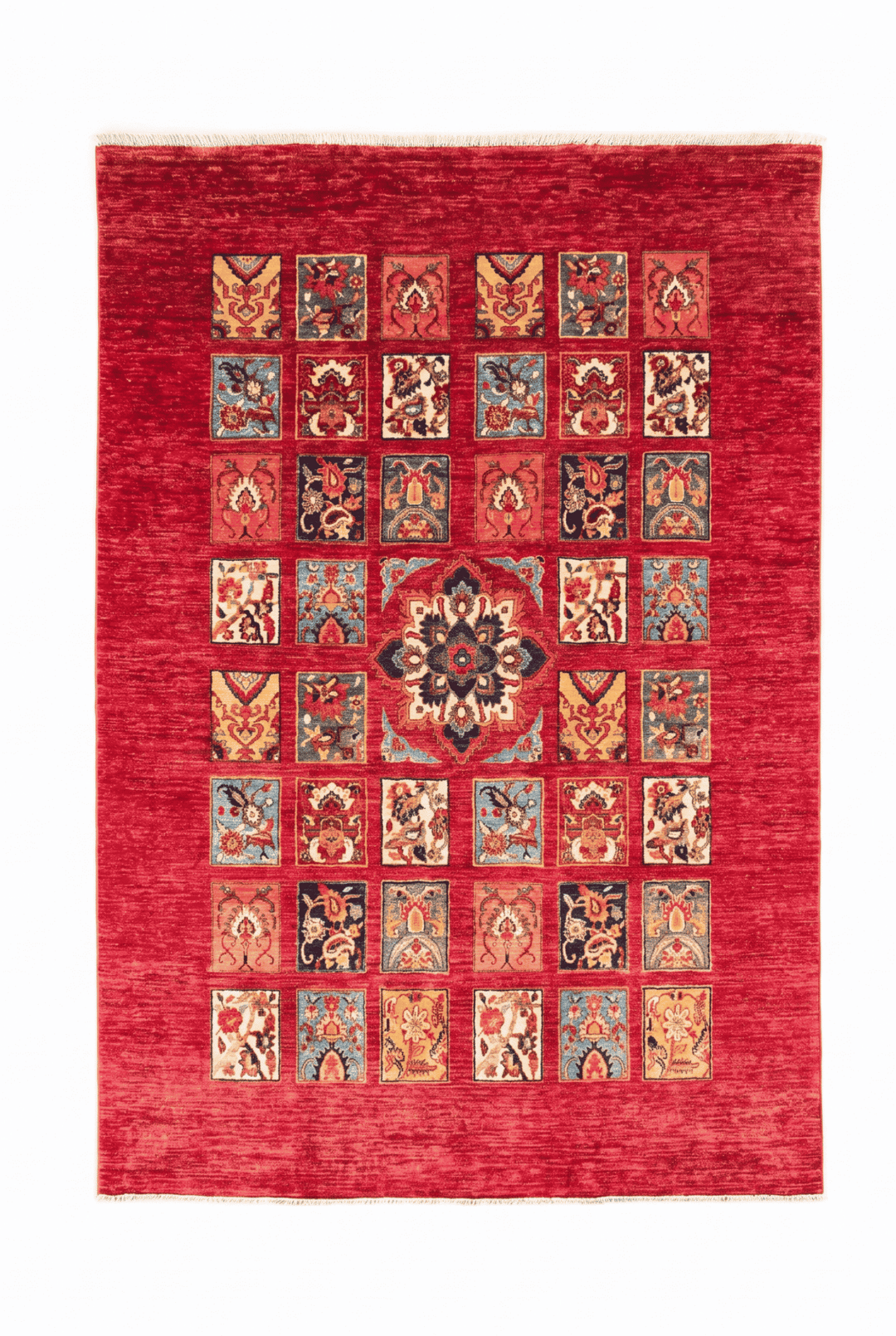 レッドのアフガン絨毯 ガズニ（パッチワーク） 170×229cm・約2畳の手織りウールラグ