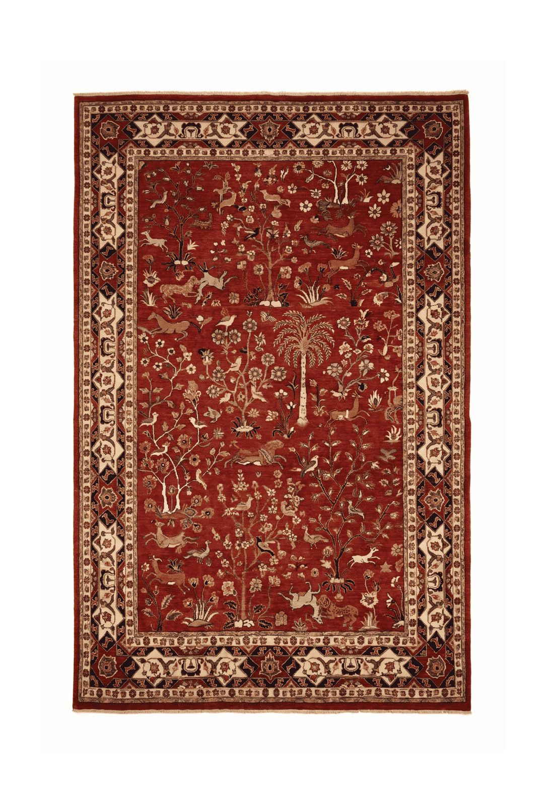 レッドのアフガン絨毯 ガズニ（絵画柄） 193×302cm・約4.5畳の手織りウールラグ
