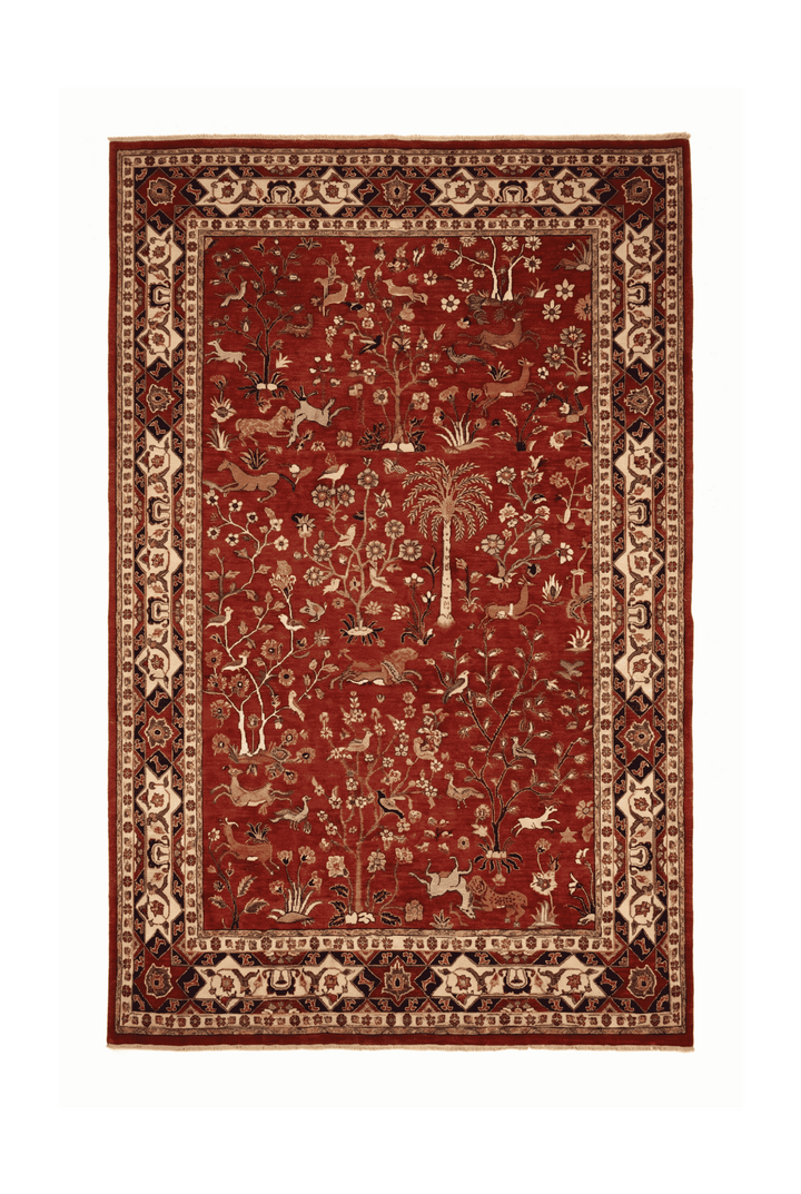 レッドのアフガン絨毯 ガズニ（絵画柄） 193×302cm・約4.5畳の手織りウールラグ