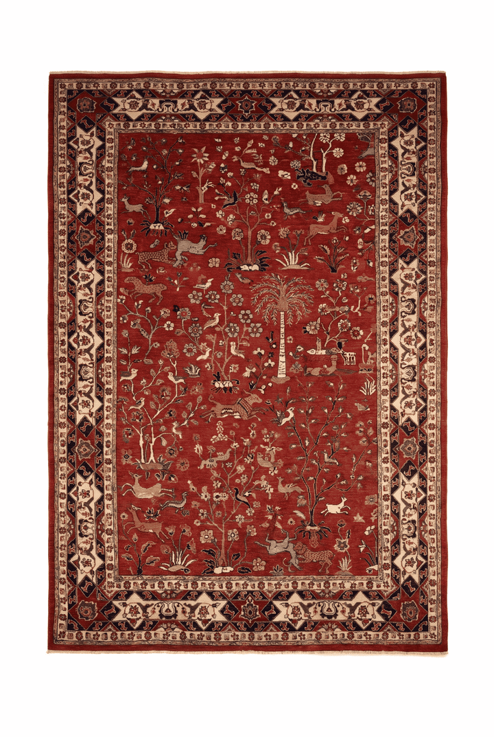 レッドのアフガン絨毯 ガズニ（絵画柄） 194×298cm・約4.5畳の手織りウールラグ