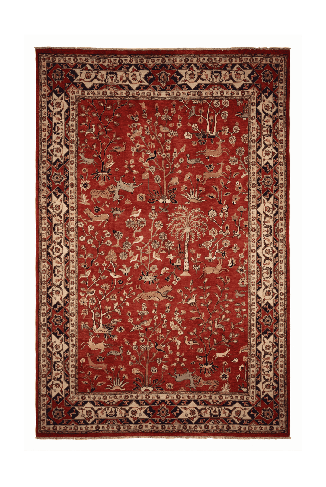 レッドのアフガン絨毯 ガズニ（絵画柄） 195×298cm・約4.5畳の手織りウールラグ