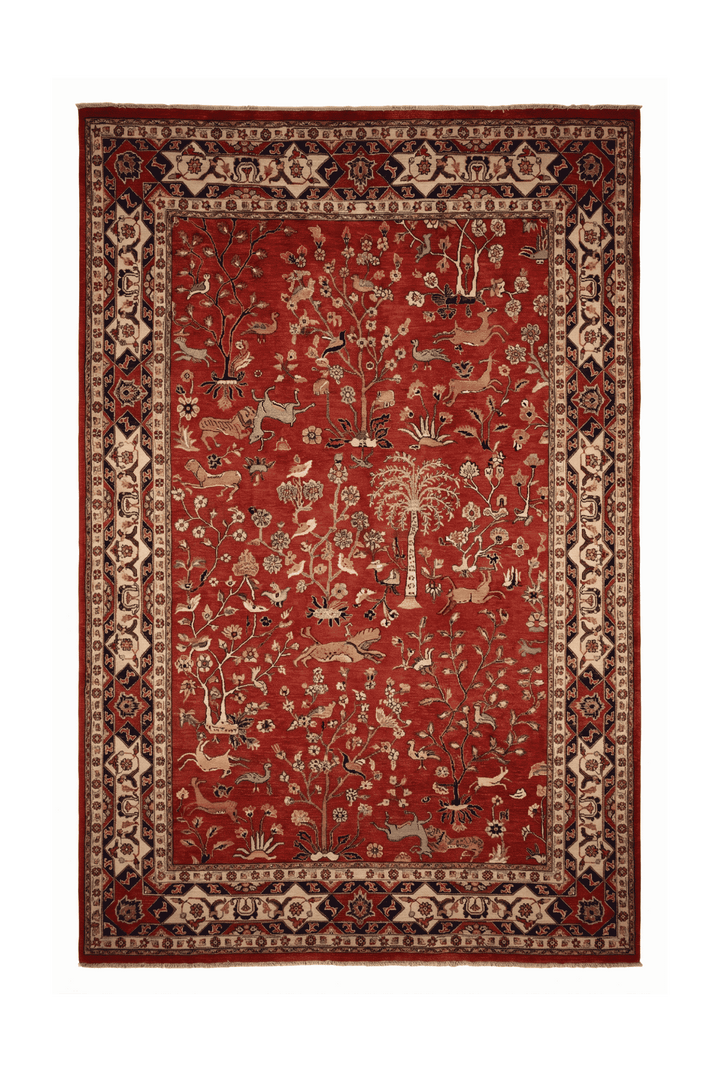 レッドのアフガン絨毯 ガズニ（絵画柄） 195×298cm・約4.5畳の手織りウールラグ