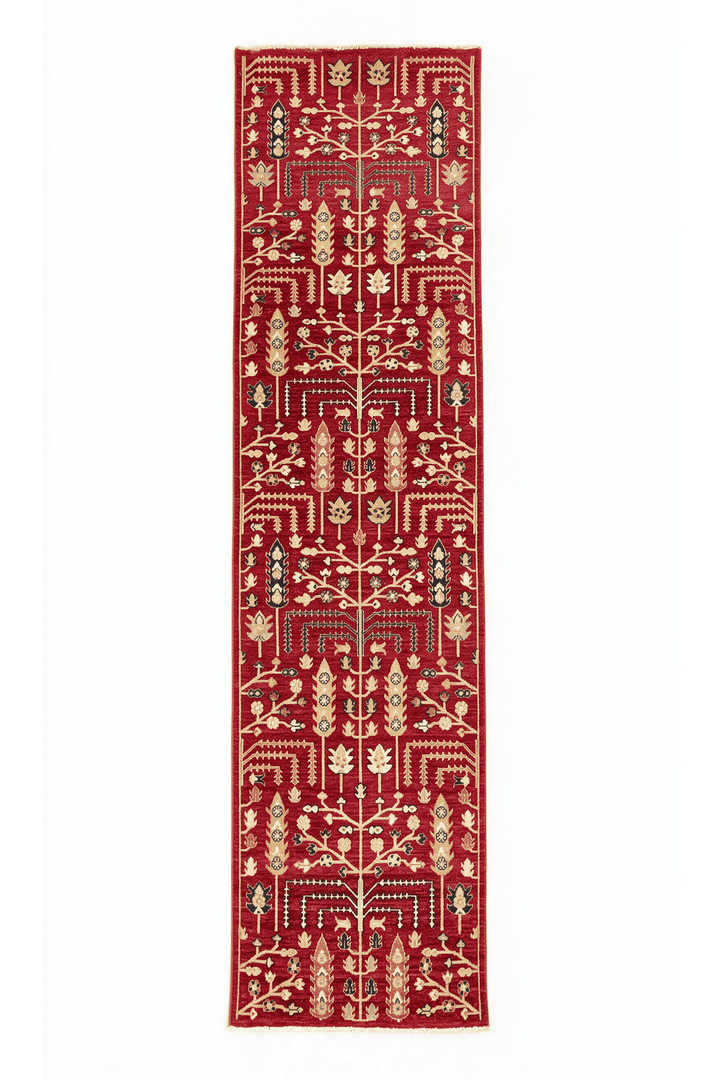 レッドのアフガン絨毯 ガズニ（無地） 80×298cm・廊下ランナーの手織りウールラグ