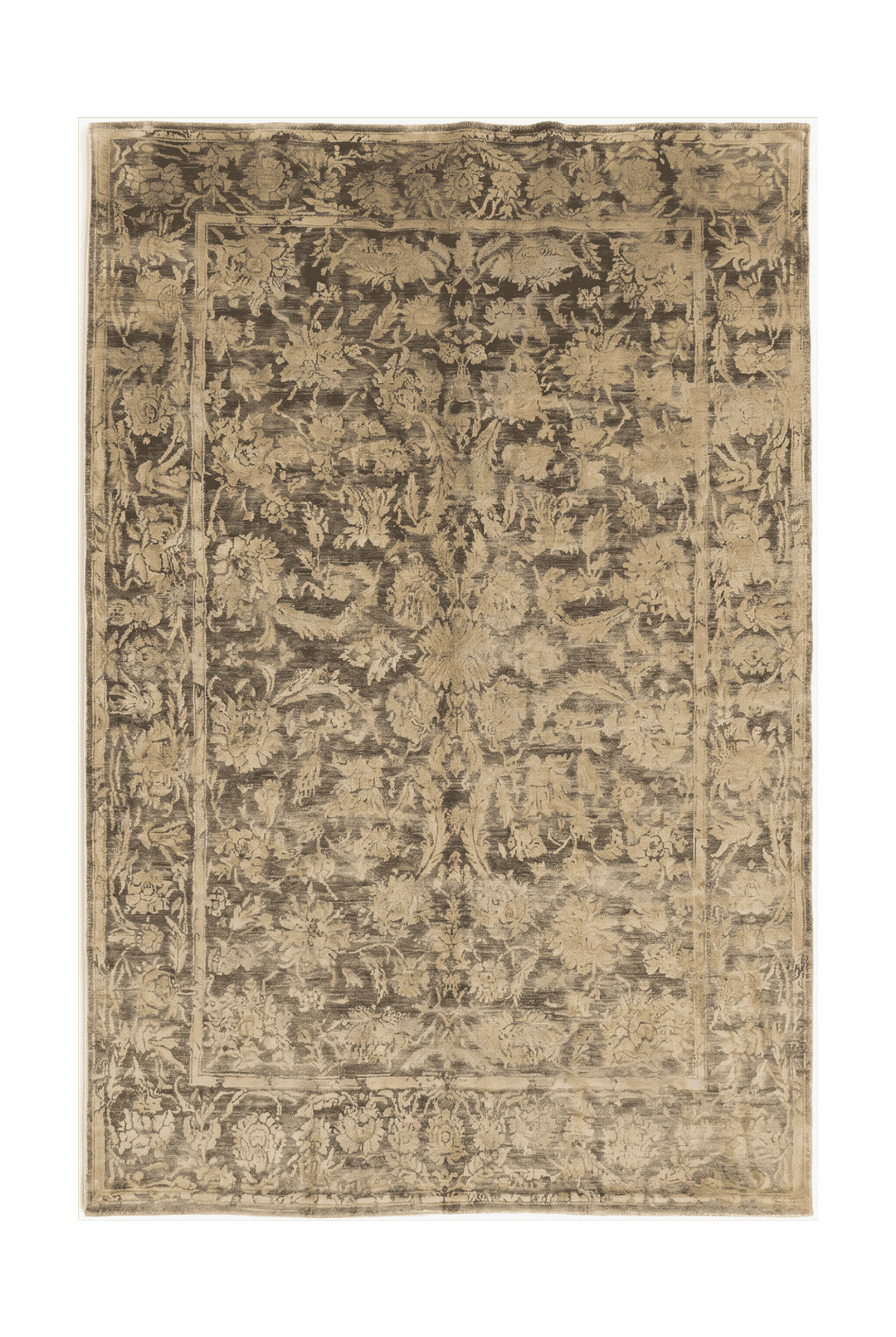 チャコールグレーのアフガン絨毯 ガズニ シルク（花柄） 169×234cm・約2畳の手織りウール・シルクラグ