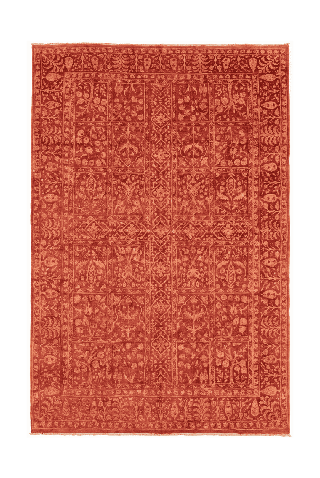 テラコッタのアフガン絨毯 ガズニ シルク（パッチワーク） 170×253cm・約3畳の手織りウール・シルクラグ