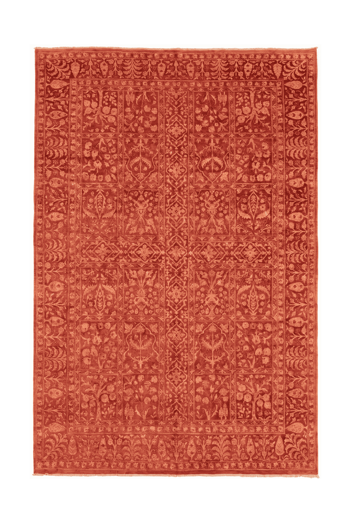 テラコッタのアフガン絨毯 ガズニ シルク（パッチワーク） 170×253cm・約3畳の手織りウール・シルクラグ