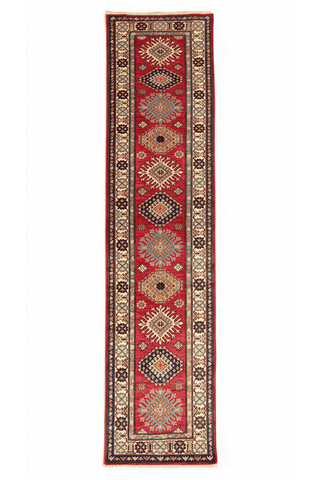 チェリーレッドのアフガン絨毯 カザック（幾何学柄） 79×316cm・廊下ランナーの手織りウールラグ