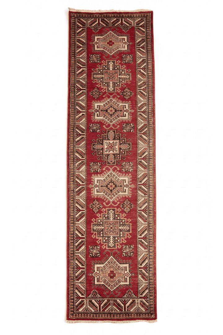 ディープレッドのアフガン絨毯 カザック（幾何学柄） 79×247cm・廊下ランナーの手織りウールラグ