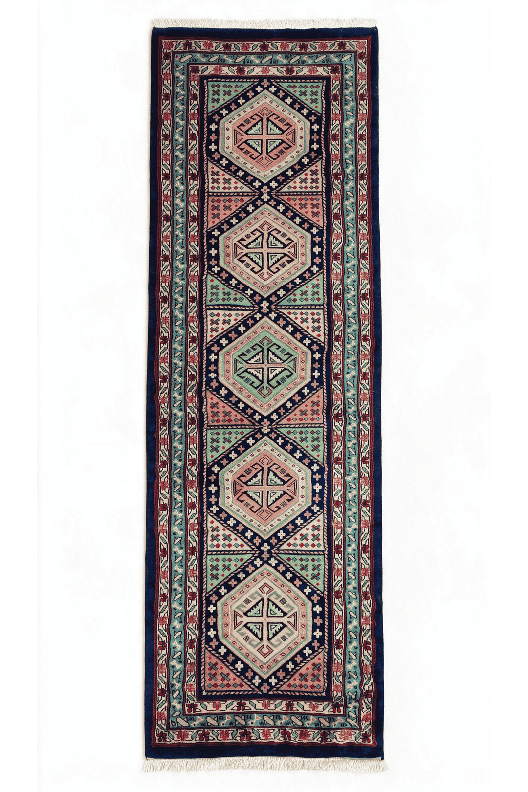 ネイビーブルーのアフガン絨毯 カザック（幾何学柄） 78×234cm・廊下ランナーの手織りウールラグ