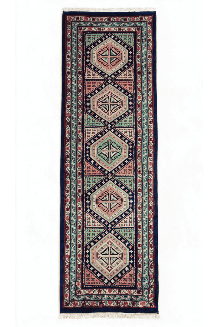 ネイビーブルーのアフガン絨毯 カザック（幾何学柄） 78×234cm・廊下ランナーの手織りウールラグ
