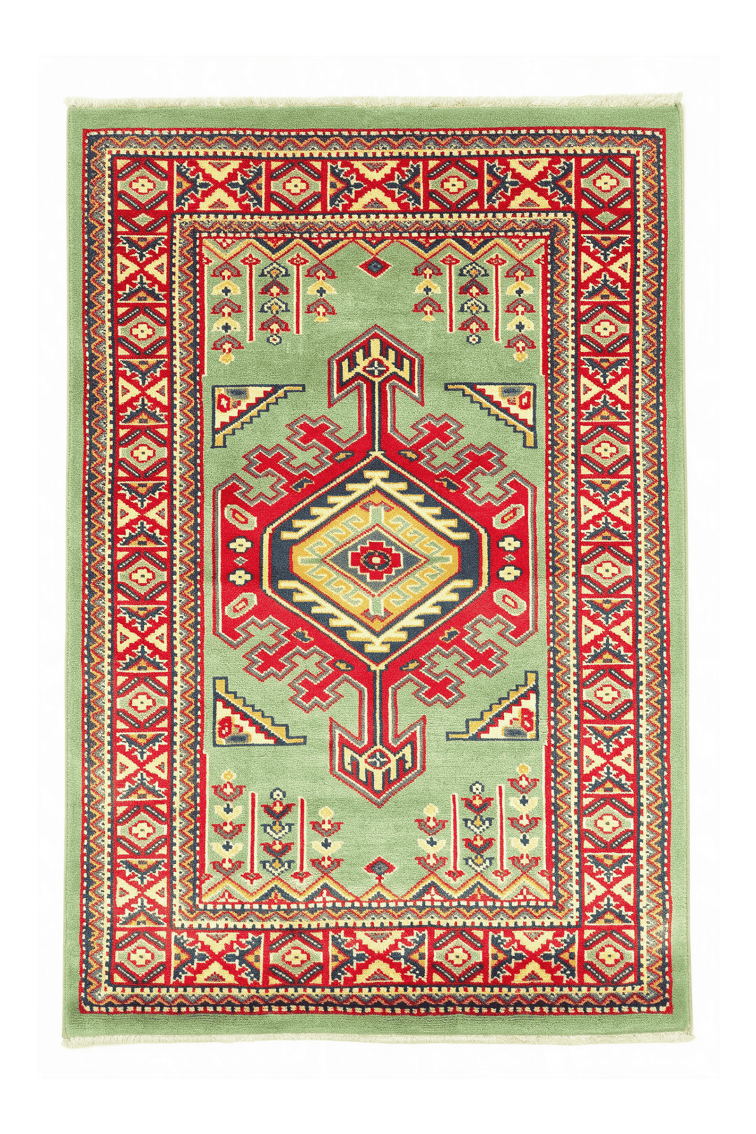 ピスタチオグリーンのアフガン絨毯 カザック（幾何学柄） 66×93cm・玄関マットの手織りウールラグ