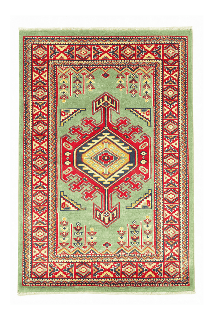 ピスタチオグリーンのアフガン絨毯 カザック（幾何学柄） 66×93cm・玄関マットの手織りウールラグ