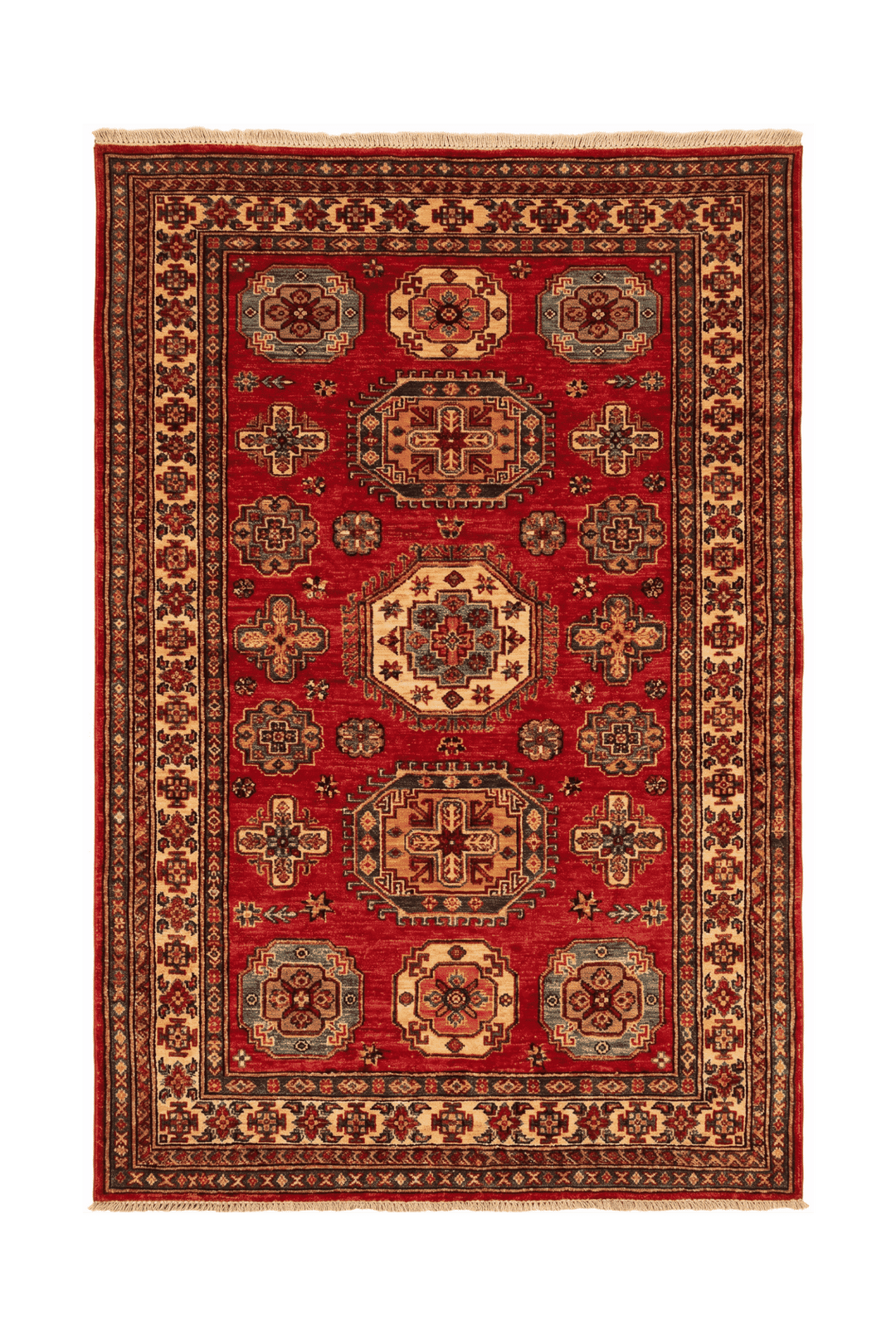 レッドのアフガン絨毯 カザック（幾何学柄） 125×184cm・約1.5畳の手織りウールラグ