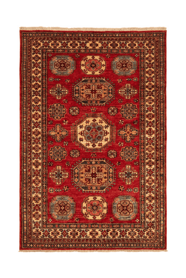 レッドのアフガン絨毯 カザック（幾何学柄） 125×184cm・約1.5畳の手織りウールラグ