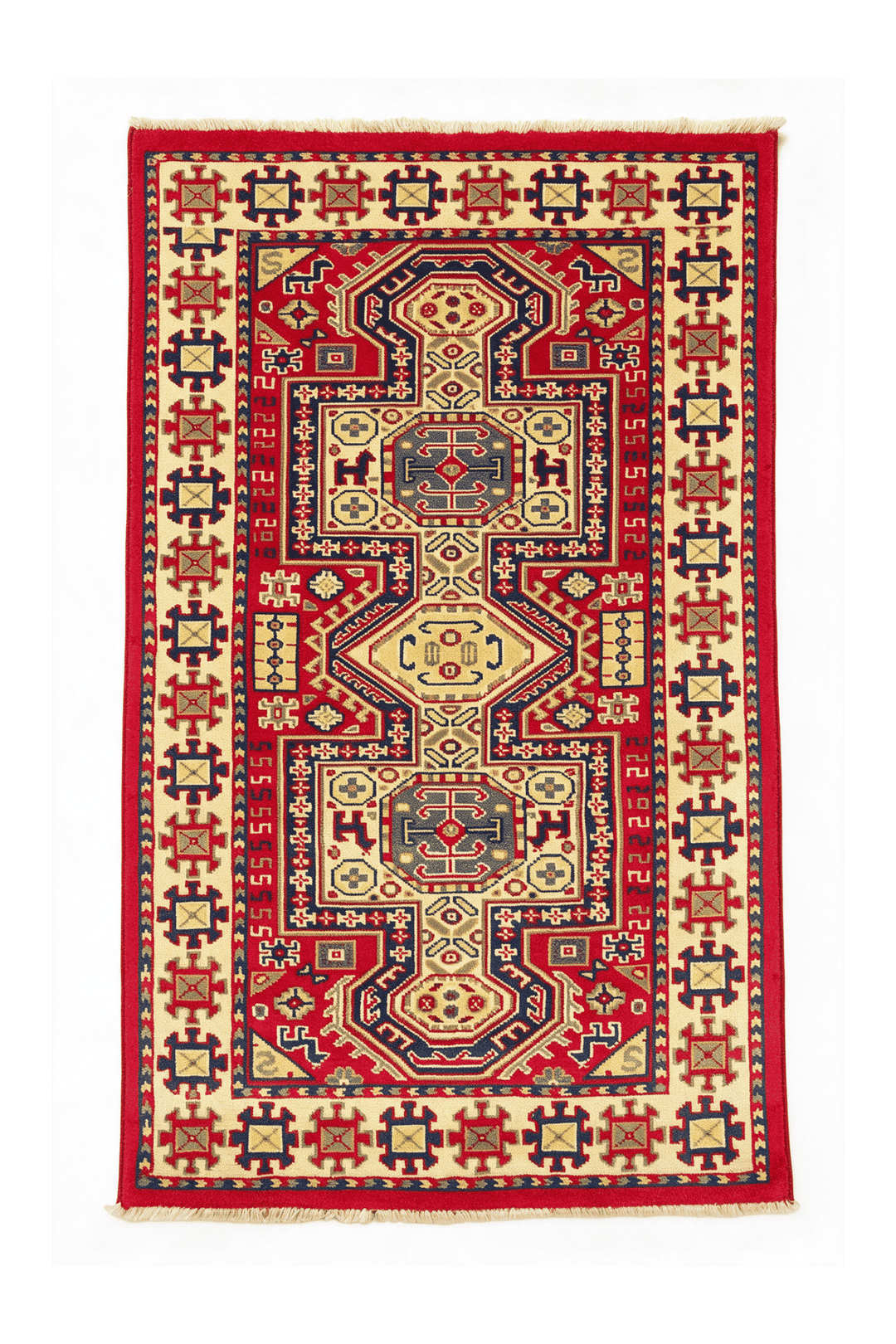 レッドのアフガン絨毯 カザック（幾何学柄） 65×120cm・玄関マットの手織りウールラグ