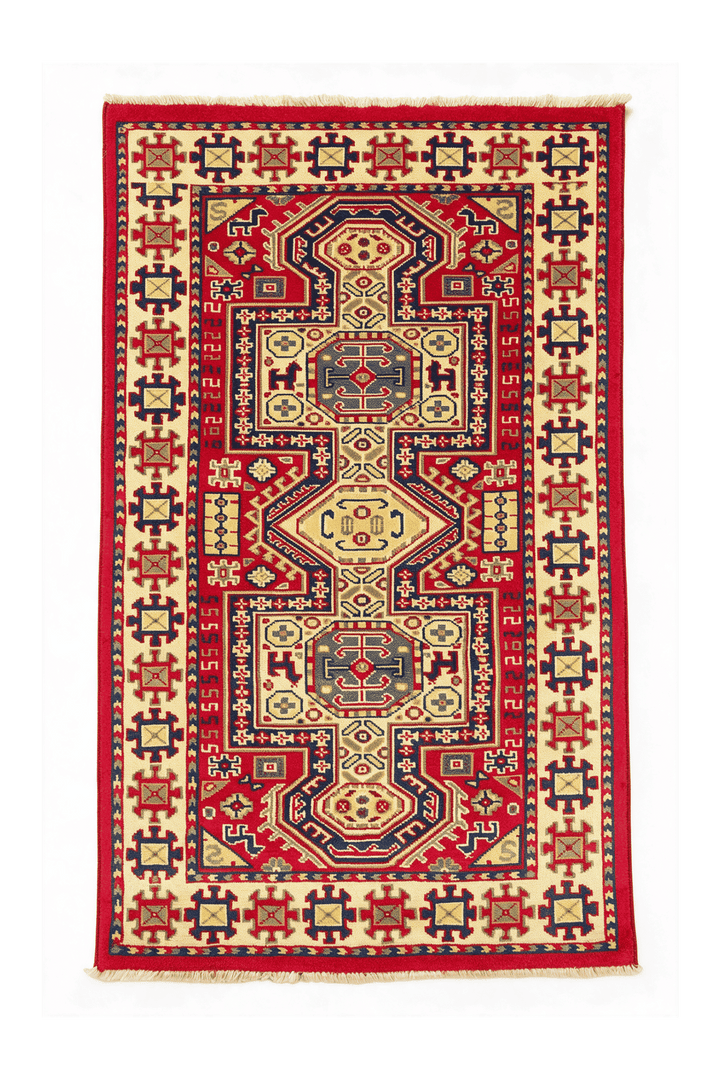 レッドのアフガン絨毯 カザック（幾何学柄） 65×120cm・玄関マットの手織りウールラグ