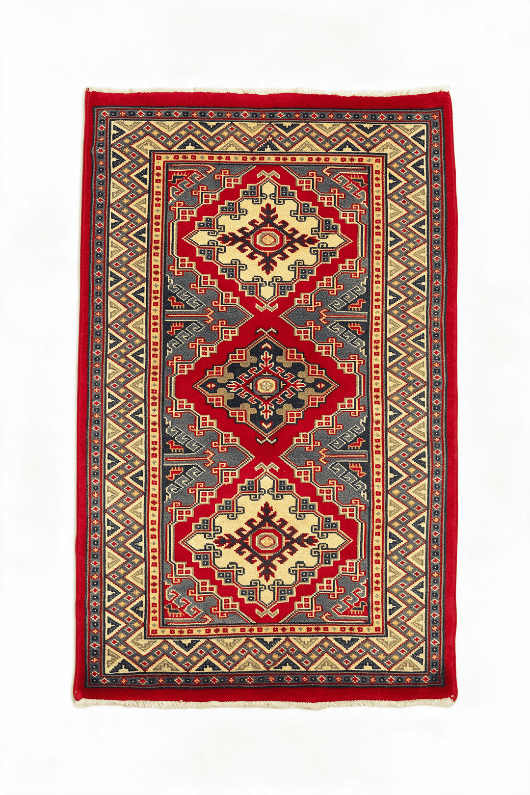 レッドのアフガン絨毯 カザック（幾何学柄） 65×87cm・玄関マットの手織りウールラグ
