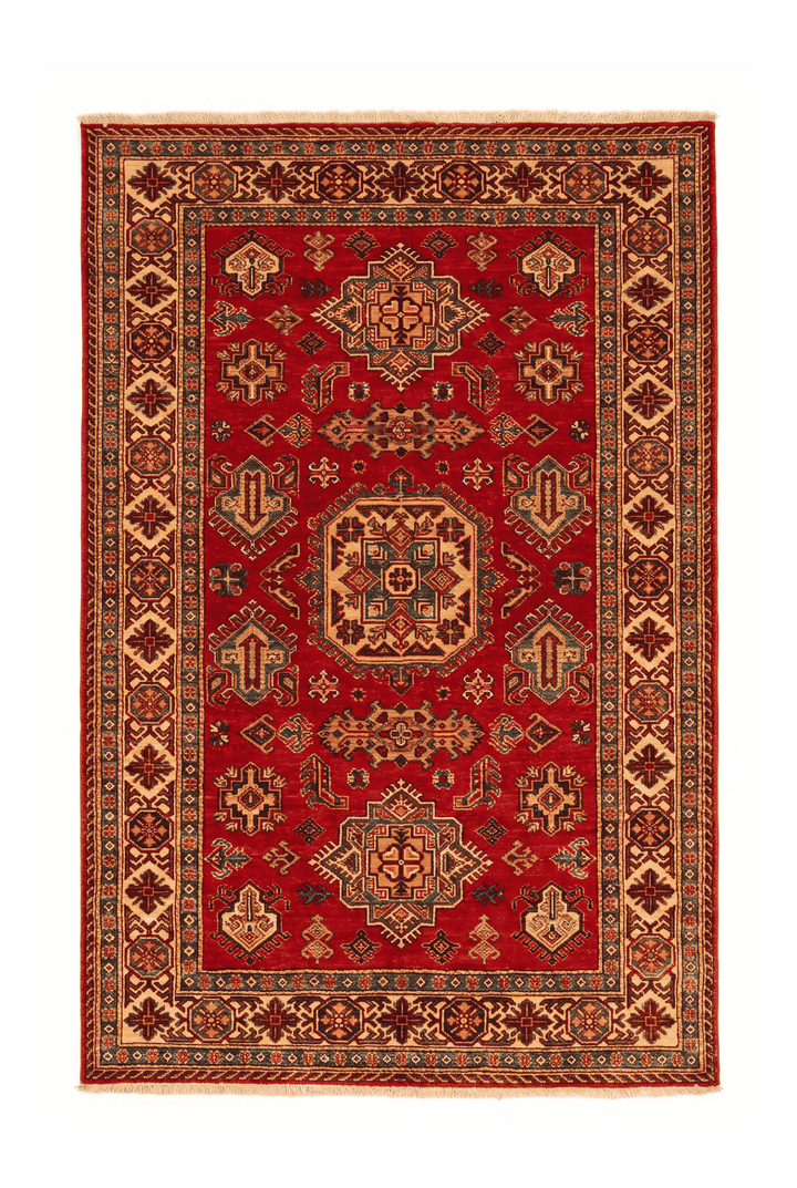 レッドのアフガン絨毯 カザック（ギュル柄） 125×179cm・約1.5畳の手織りウールラグ