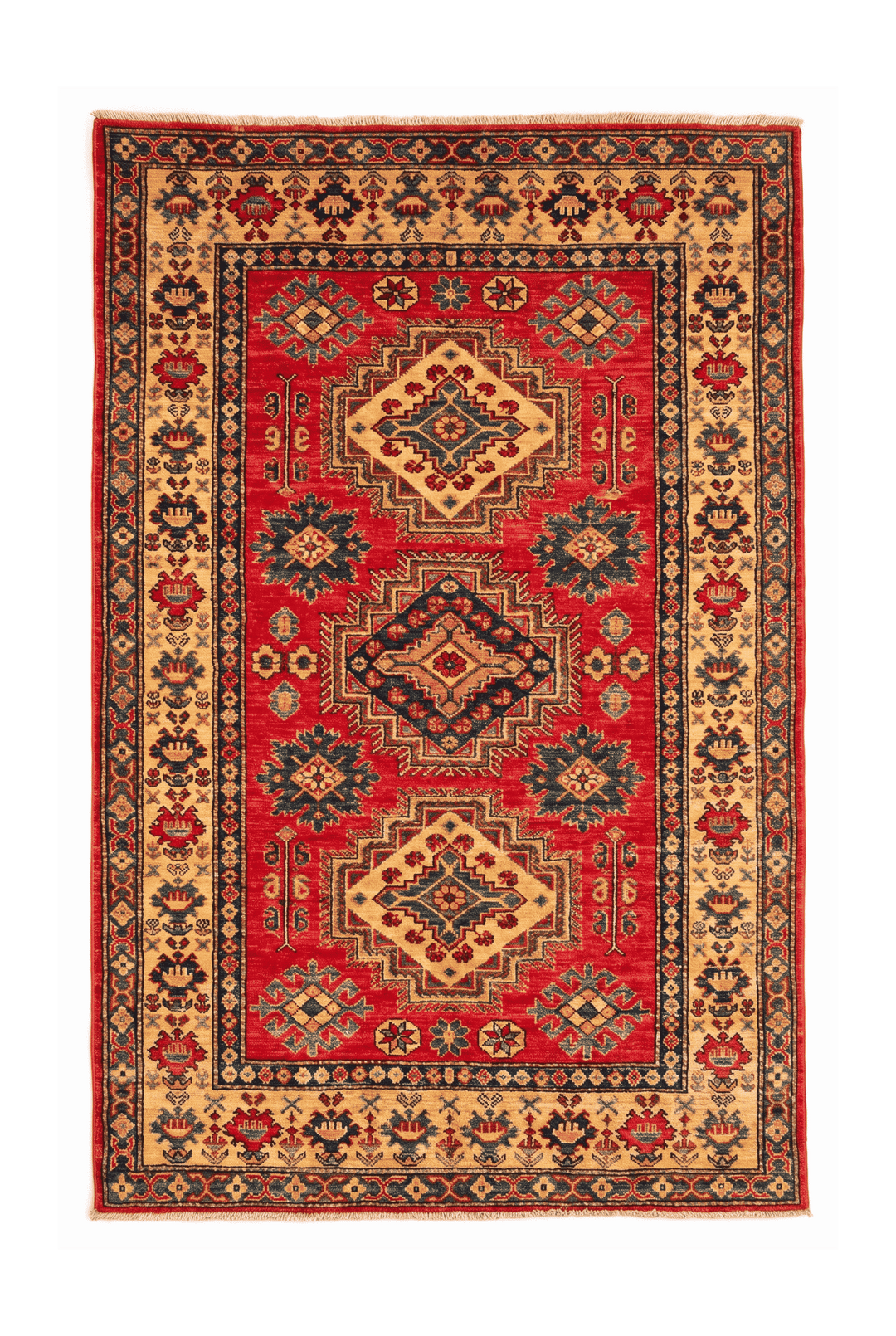 レッドのアフガン絨毯 カザック（メダリオン柄） 121×182cm・約1.5畳の手織りウールラグ