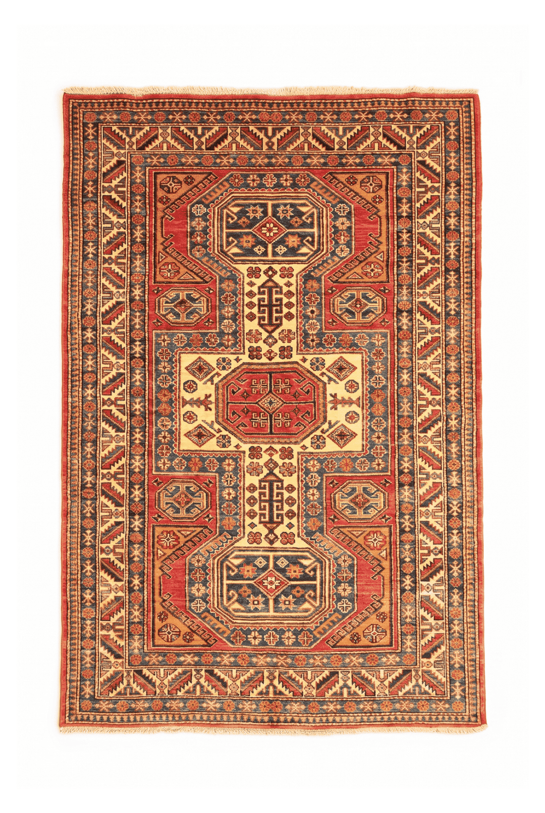 サフランのアフガン絨毯 カザック（幾何学柄） 127×178cm・約1.5畳の手織りウールラグ