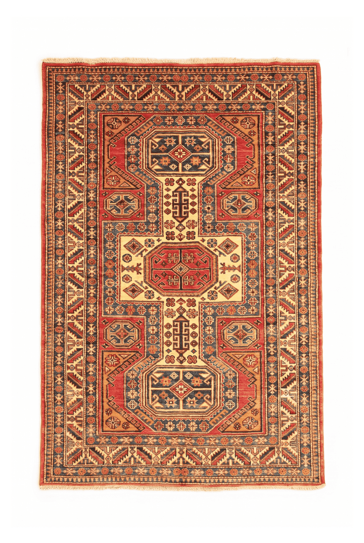 サフランのアフガン絨毯 カザック（幾何学柄） 127×178cm・約1.5畳の手織りウールラグ
