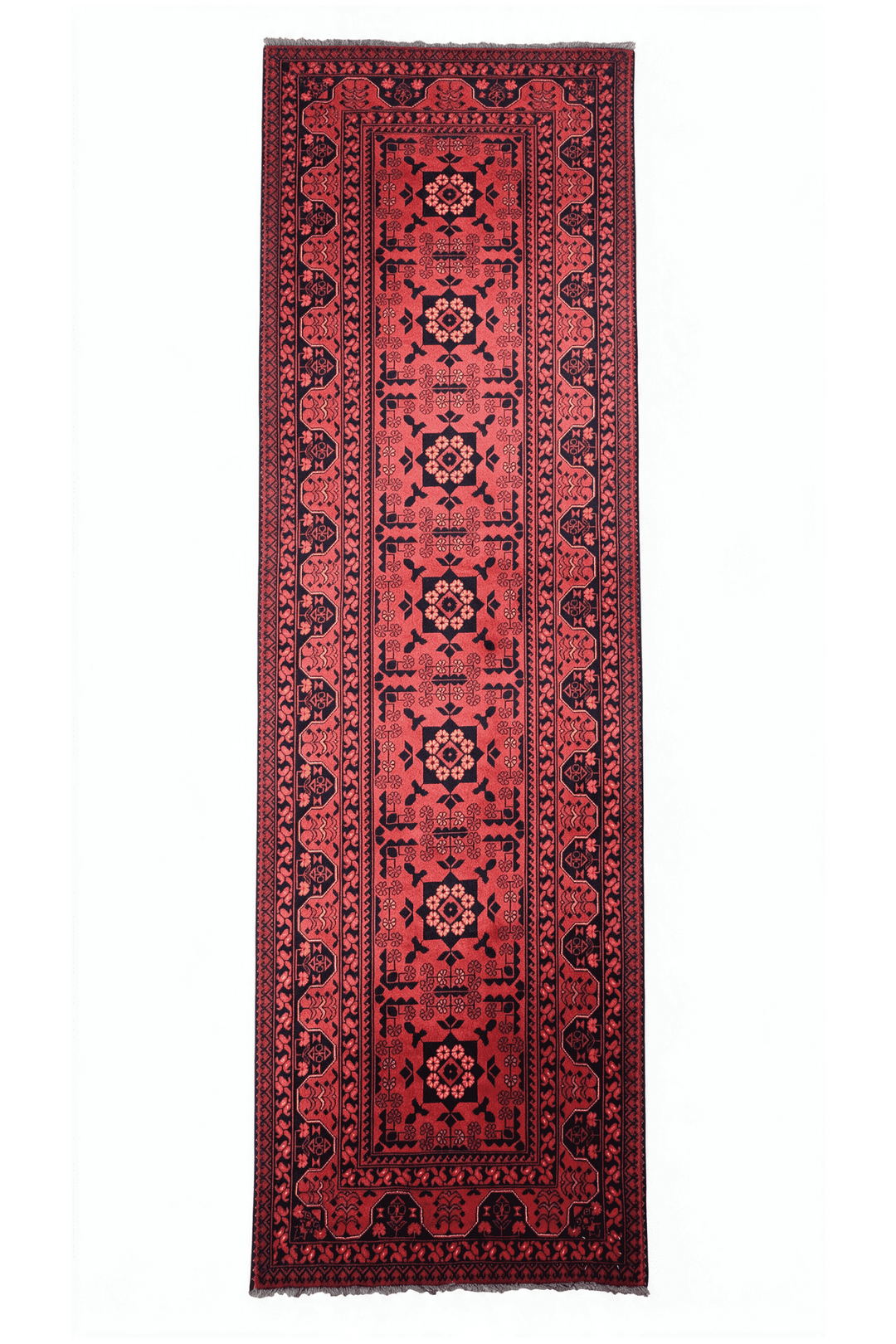 コーラルレッドのアフガン絨毯 カール・モハマディ（メダリオン柄） 88×296cm・廊下ランナーの手織りウールラグ