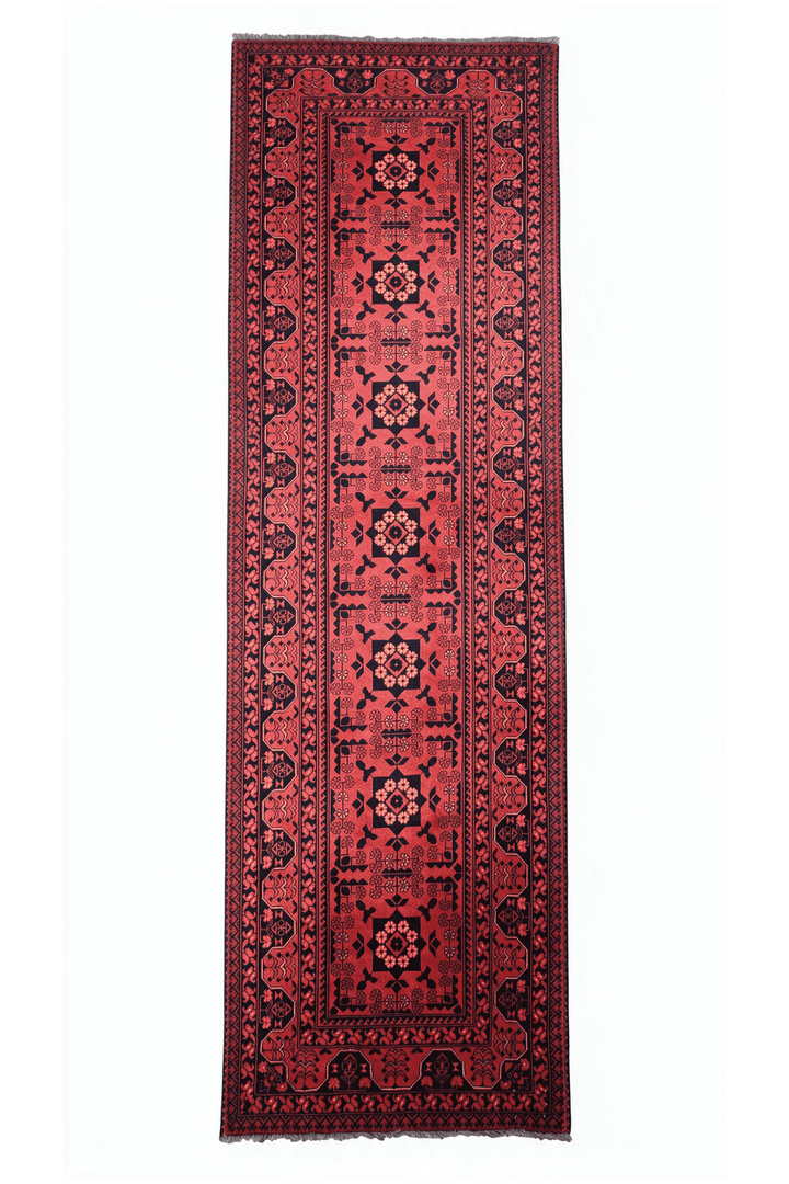コーラルレッドのアフガン絨毯 カール・モハマディ（メダリオン柄） 88×296cm・廊下ランナーの手織りウールラグ