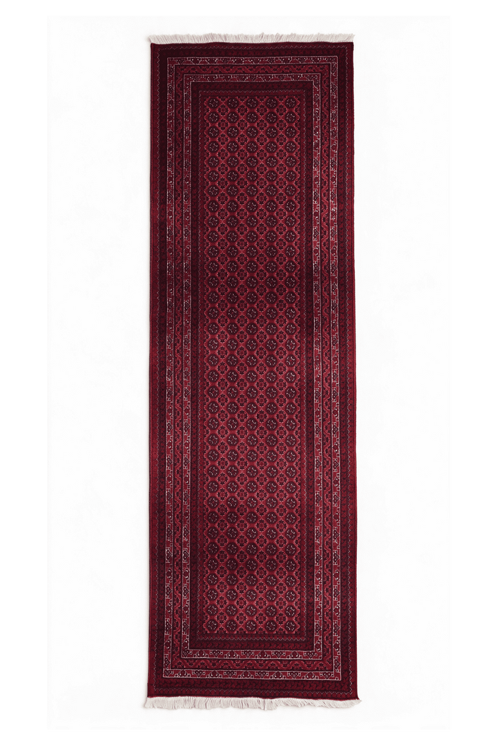 ディープレッドのアフガン絨毯 カール・モハマディ（ギュル柄） 83×286cm・廊下ランナーの手織りウールラグ