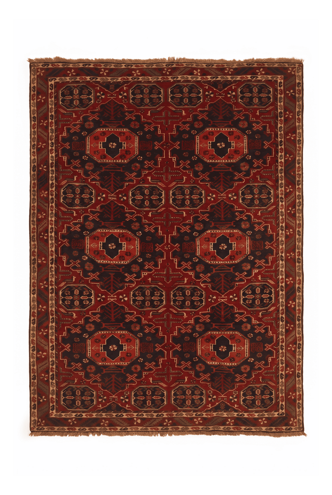 レッドのアフガン絨毯 カール・モハマディ（ギュル柄） 153×207cm・約2畳の手織りウールラグ