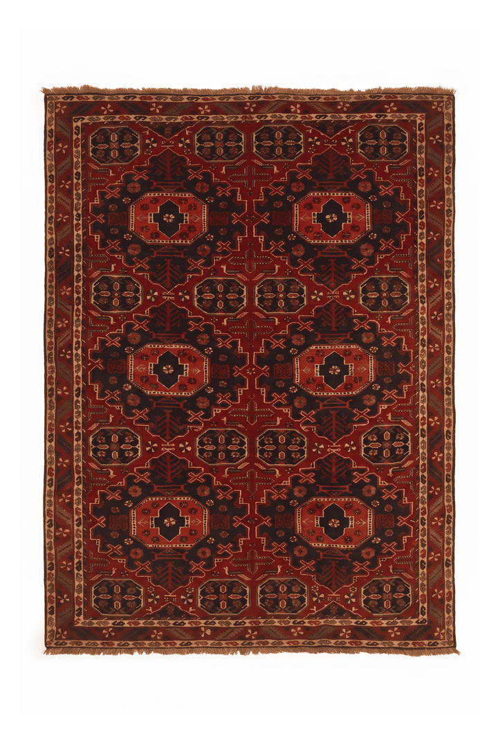 レッドのアフガン絨毯 カール・モハマディ（ギュル柄） 153×207cm・約2畳の手織りウールラグ