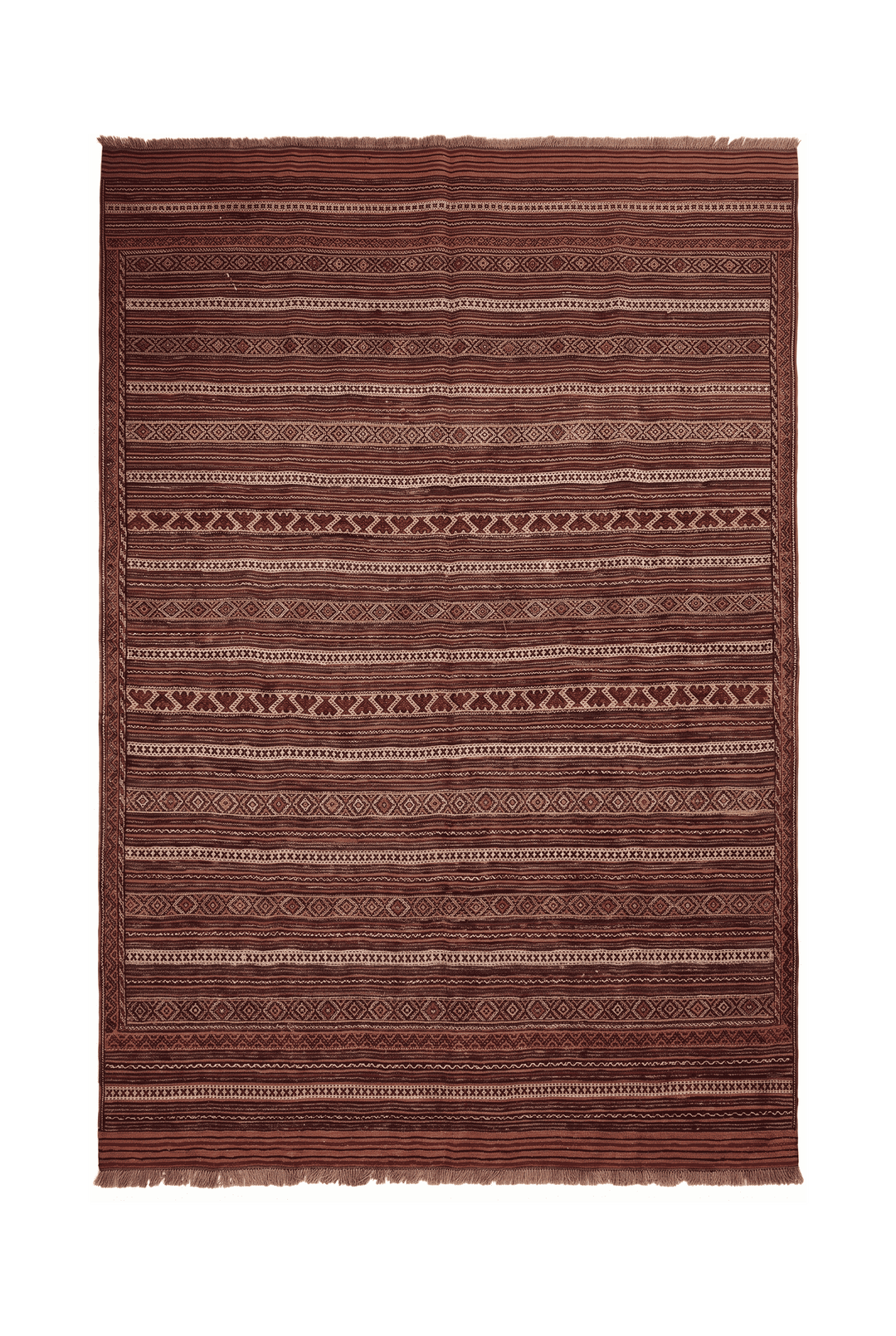 チェスナットブラウンのアフガン キリム（幾何学柄） 183×262cm・約3畳の手織りウールラグ