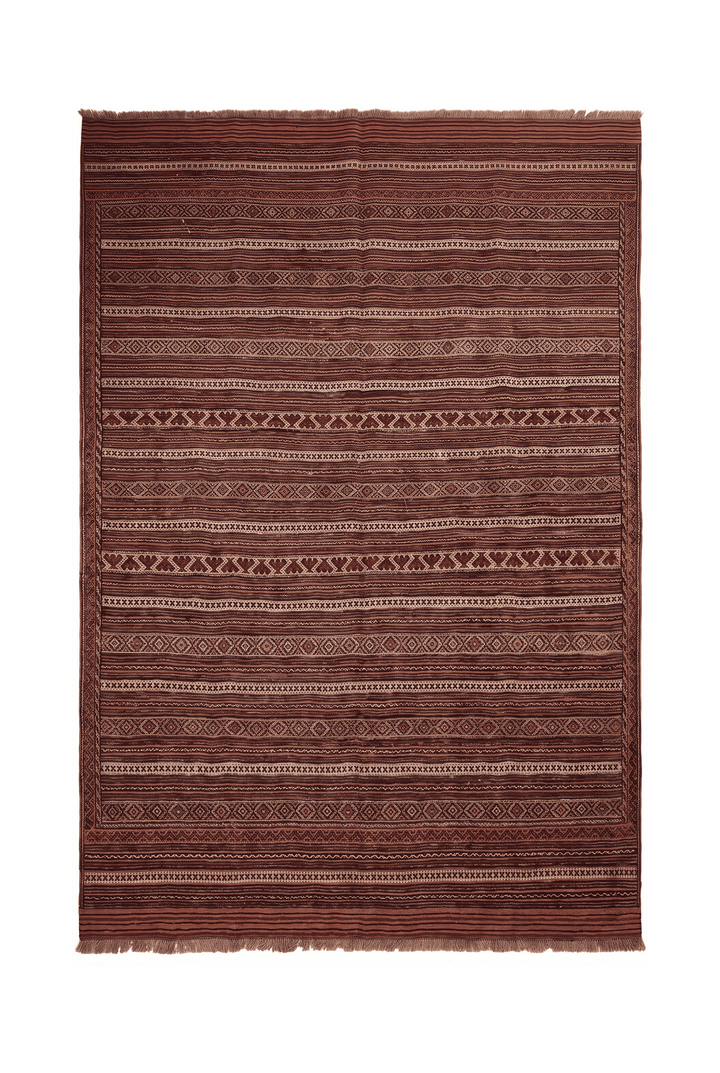 チェスナットブラウンのアフガン キリム（幾何学柄） 183×262cm・約3畳の手織りウールラグ
