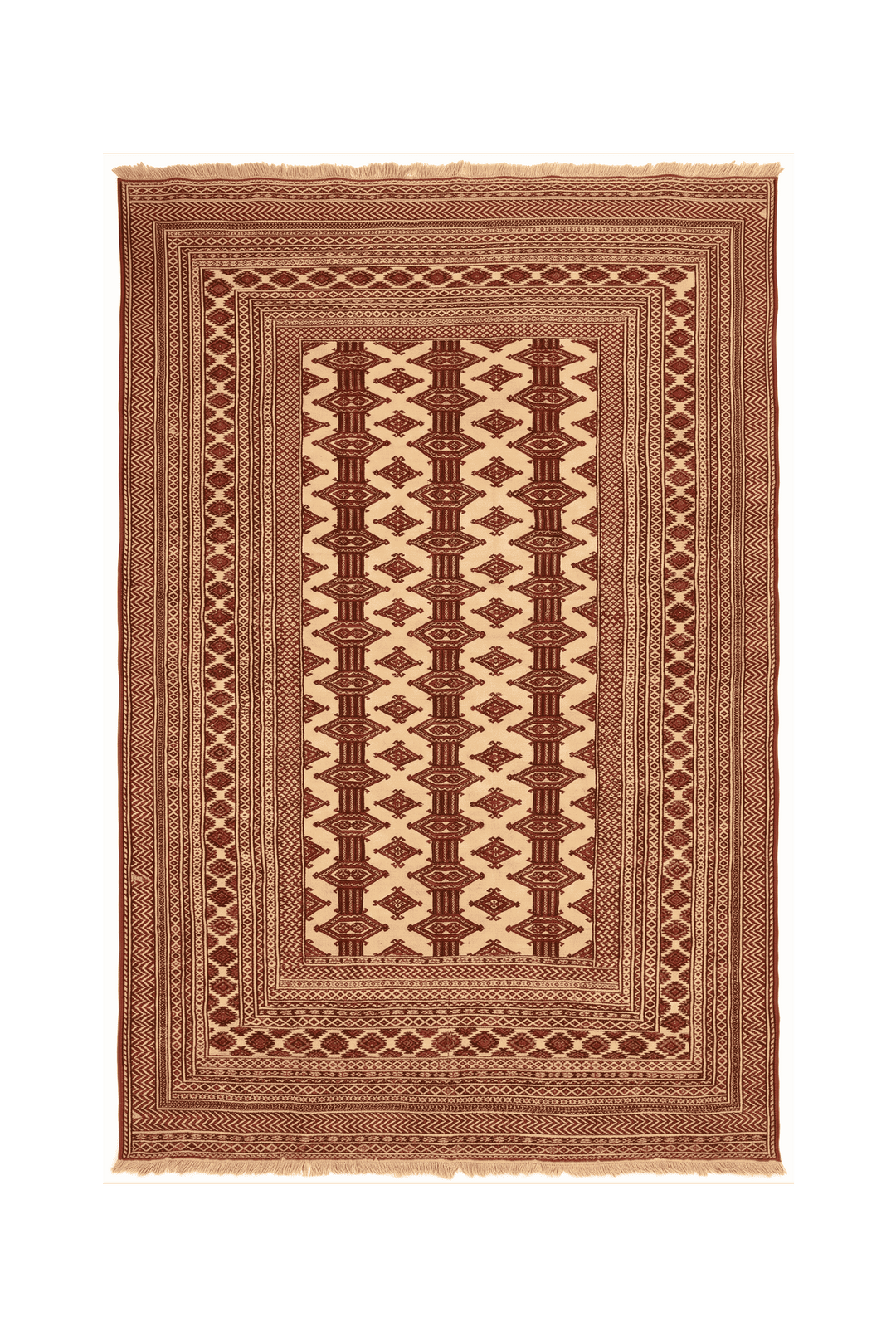 クリームのアフガン絨毯 シェルワン（幾何学柄） 127×187cm・約1.5畳の手織りウールラグ