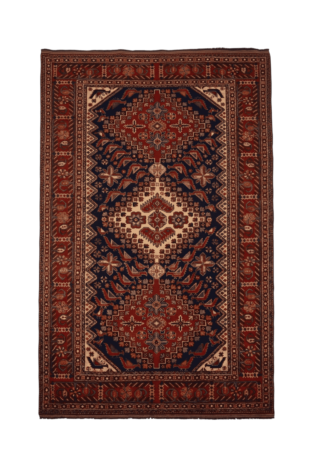 インディゴのアフガン絨毯 シェルワン（幾何学柄） 210×334cm・約4.5畳の手織りウールラグ
