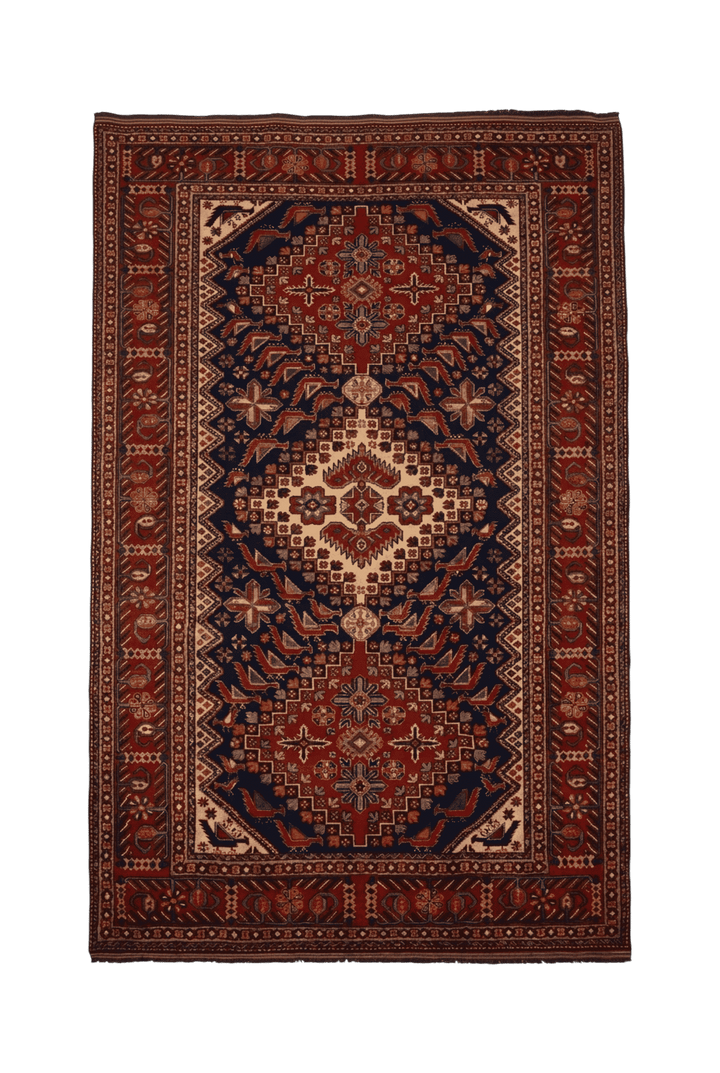 インディゴのアフガン絨毯 シェルワン（幾何学柄） 210×334cm・約4.5畳の手織りウールラグ
