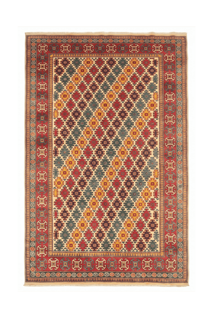 マルチカラーのアフガン絨毯 シェルワン（幾何学柄） 161×221cm・約2畳の手織りウールラグ