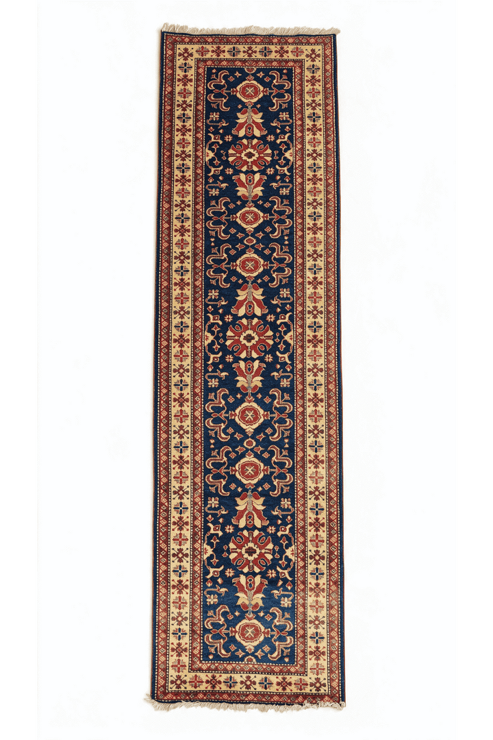 ネイビーブルーのアフガン絨毯 シェルワン（花柄） 81×290cm・廊下ランナーの手織りウールラグ