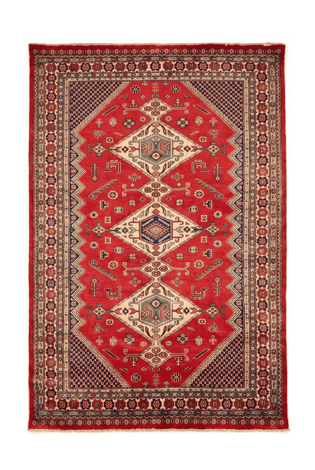 レッドのアフガン絨毯 シェルワン（幾何学柄） 142×197cm・約1.5畳の手織りウールラグ