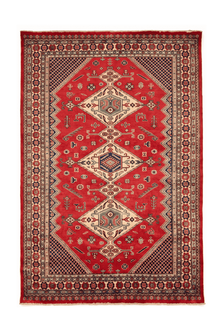 レッドのアフガン絨毯 シェルワン（幾何学柄） 142×197cm・約1.5畳の手織りウールラグ