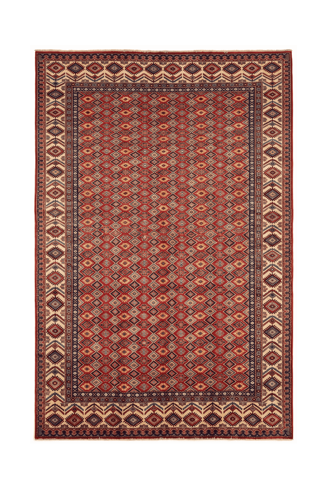 レッドのアフガン絨毯 シェルワン（幾何学柄） 192×279cm・約3畳の手織りウールラグ