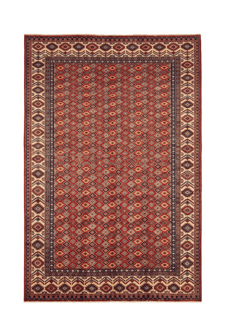 レッドのアフガン絨毯 シェルワン（幾何学柄） 192×279cm・約3畳の手織りウールラグ