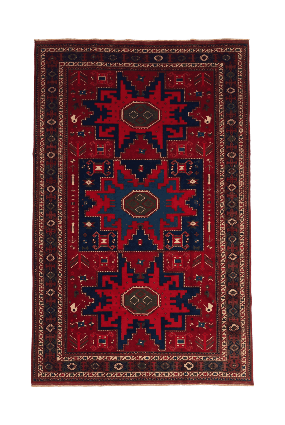 レッドのアフガン絨毯 シェルワン（幾何学柄） 200×277cm・約4.5畳の手織りウールラグ